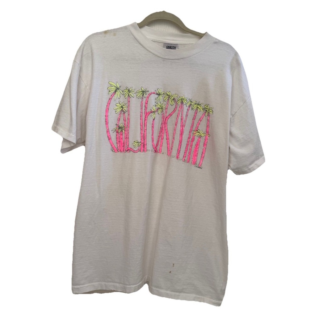 Vintage Oneita California Shirt Mens XXL White Single Stitch Beach 90s Palm Tree